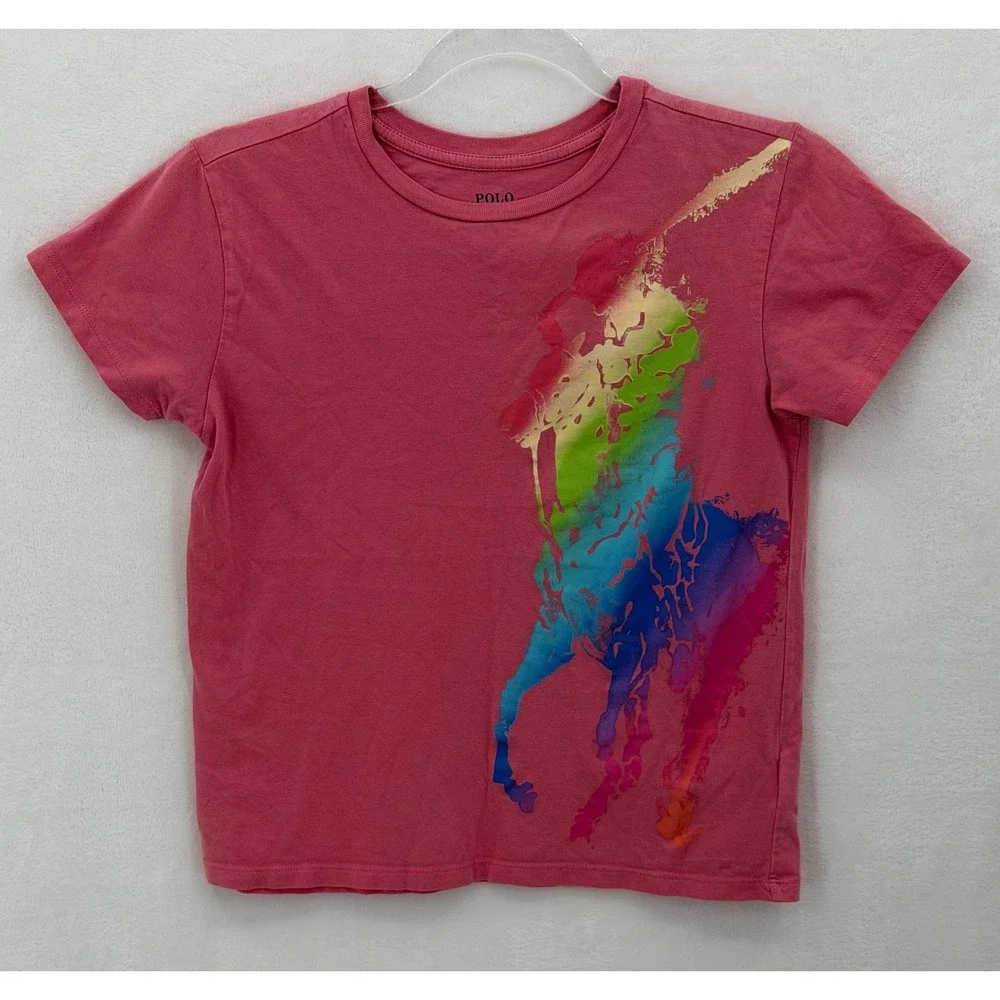 Polo Ralph Lauren T-Shirt Girls XL Pink Rainbow Big Pony Graphic Colorful Casual